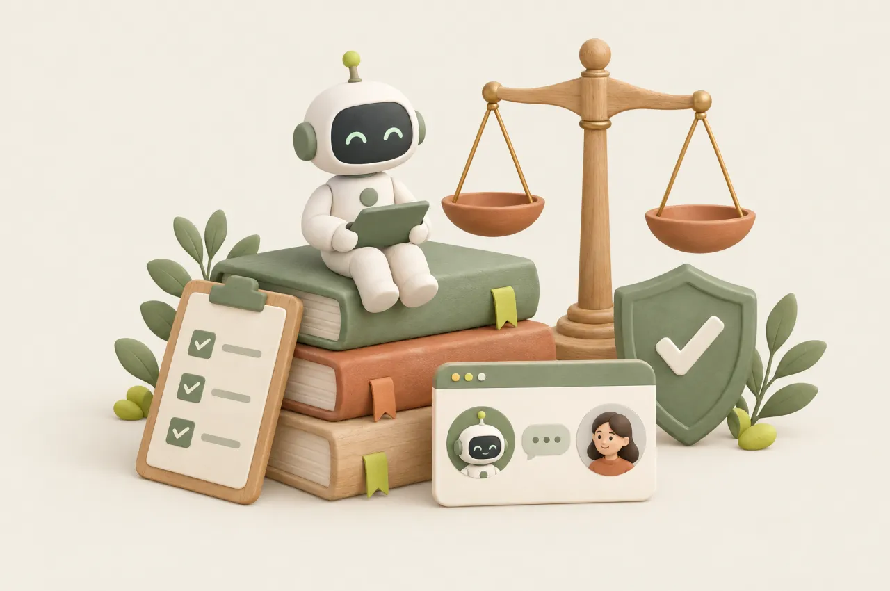 Un robot stă pe un teanc de regulamente, lângă o balanță, un scut bifat și un chat în care clientul știe că vorbește cu AI — ilustrație generată cu AI