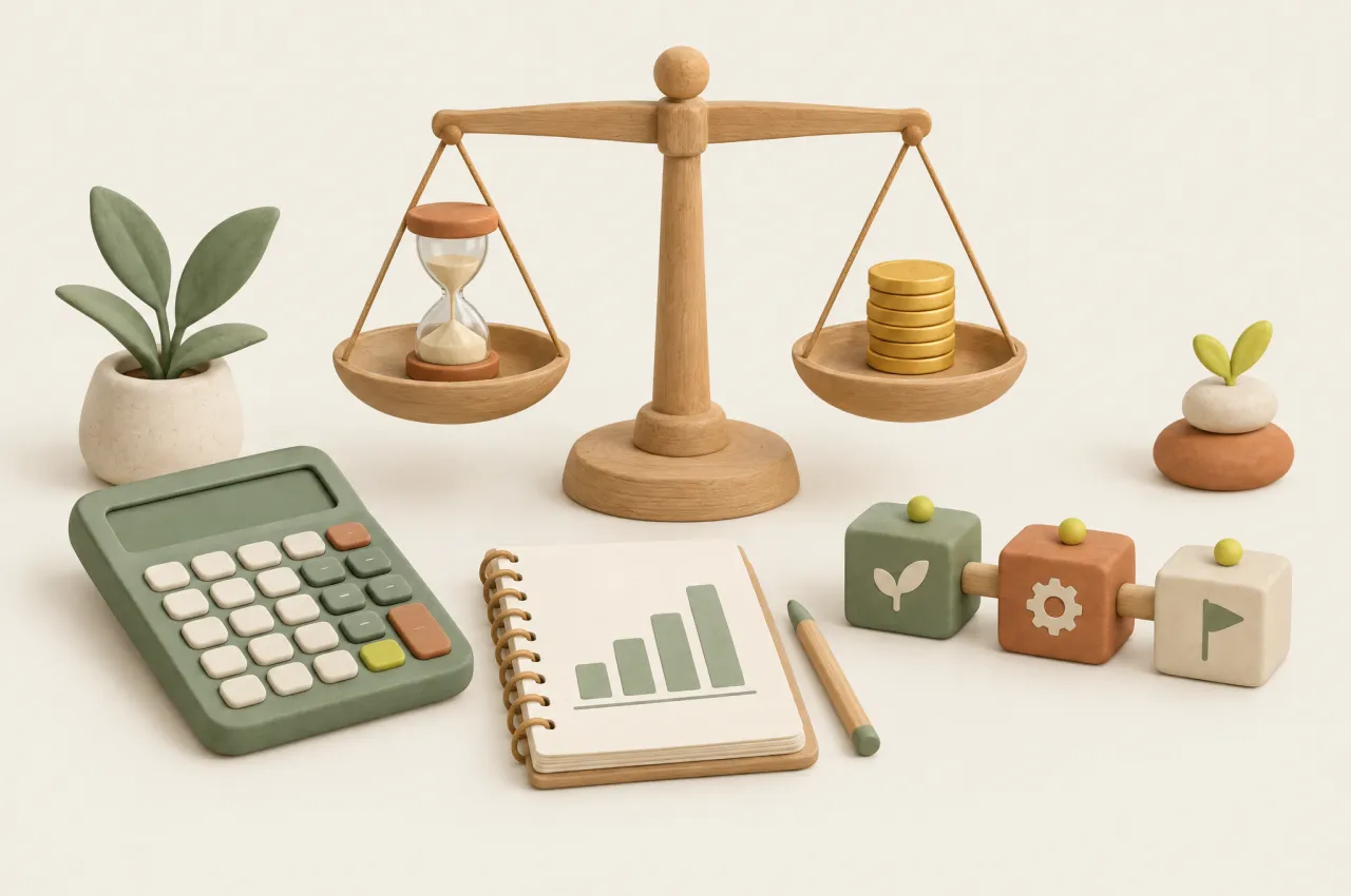 Un cântar pune în balanță timpul și banii, lângă un calculator, un grafic și pașii unui pilot — ilustrație generată cu AI
