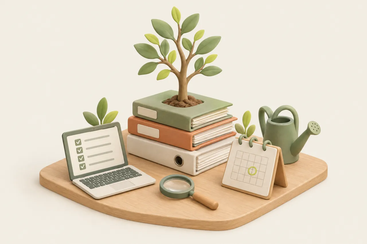 Un copac tânăr crește dintr-un teanc de dosare, lângă un laptop cu o listă bifată, un calendar și o lupă — ilustrație generată cu AI